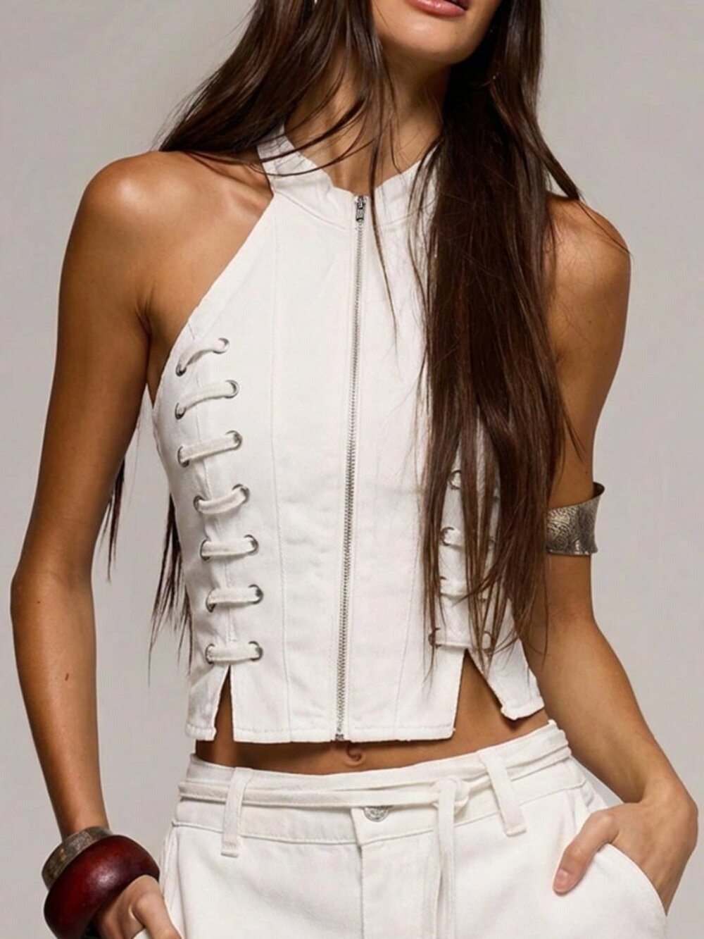 White Casual Women's High Neck Eyelet Lace-Up Fitted Longline Denim Top